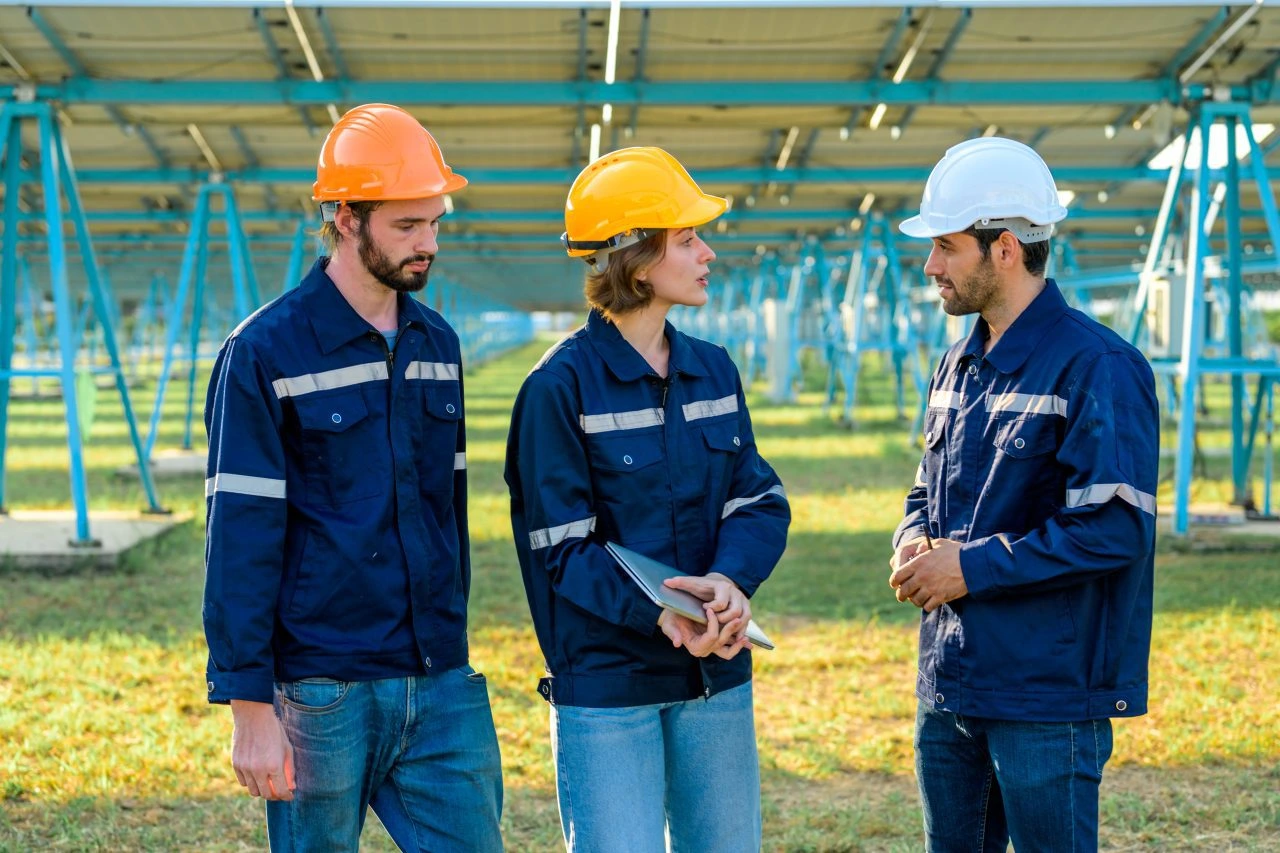 Engineers in safety helmets discussing project progress at a solar panel installation site